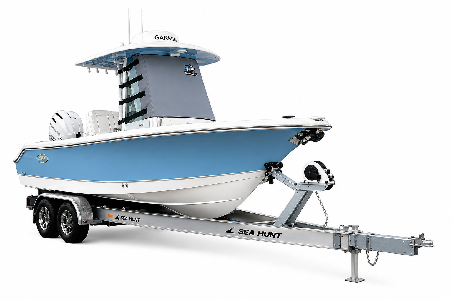 Marine RoadGuard windshield protection system installed on a trailered center console boat